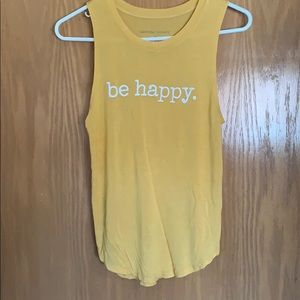 Yellow ‘be happy’ tank top.